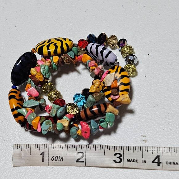 Safari Animal Print Stones Multicolor Gemstones Chunky Beaded Stretch Bracelet - Picture 6 of 6